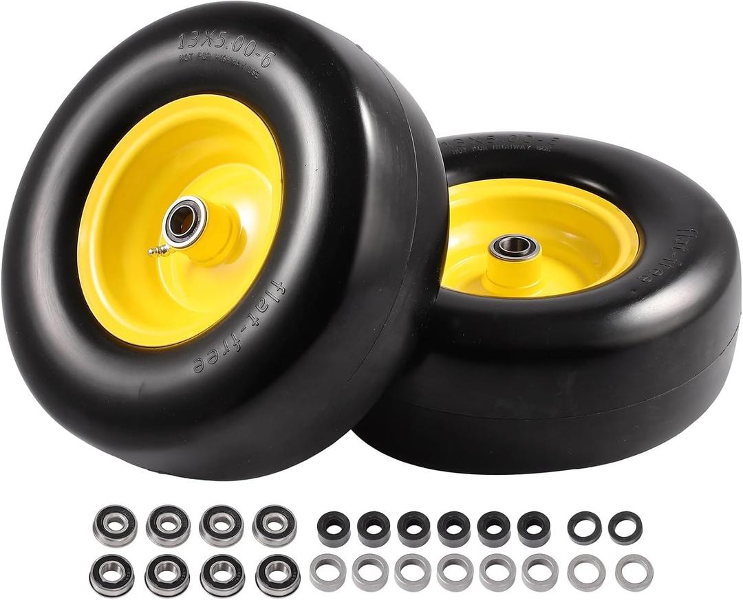 ACEBRI 13x5.00-6 Flat Free Lawn Mower Tire and Wheel, 13x5.00-6 Solid Front Tires for Zero Turn Mower, 4 Ply Tubeless Lawn Mower Tires, with 1/2" 1/4" 3/4" 5/8" Bushings, 3.25"-4.8"Centered Hub, 2PCS