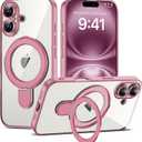 Compatible with iPhone 16 Case with Invisible Magnetic Ring Stand [Compatible with Mag-Safe] [Full Camera Lens Protector] Plating Clear Phone Case for iPhone 16 6.1", Pink