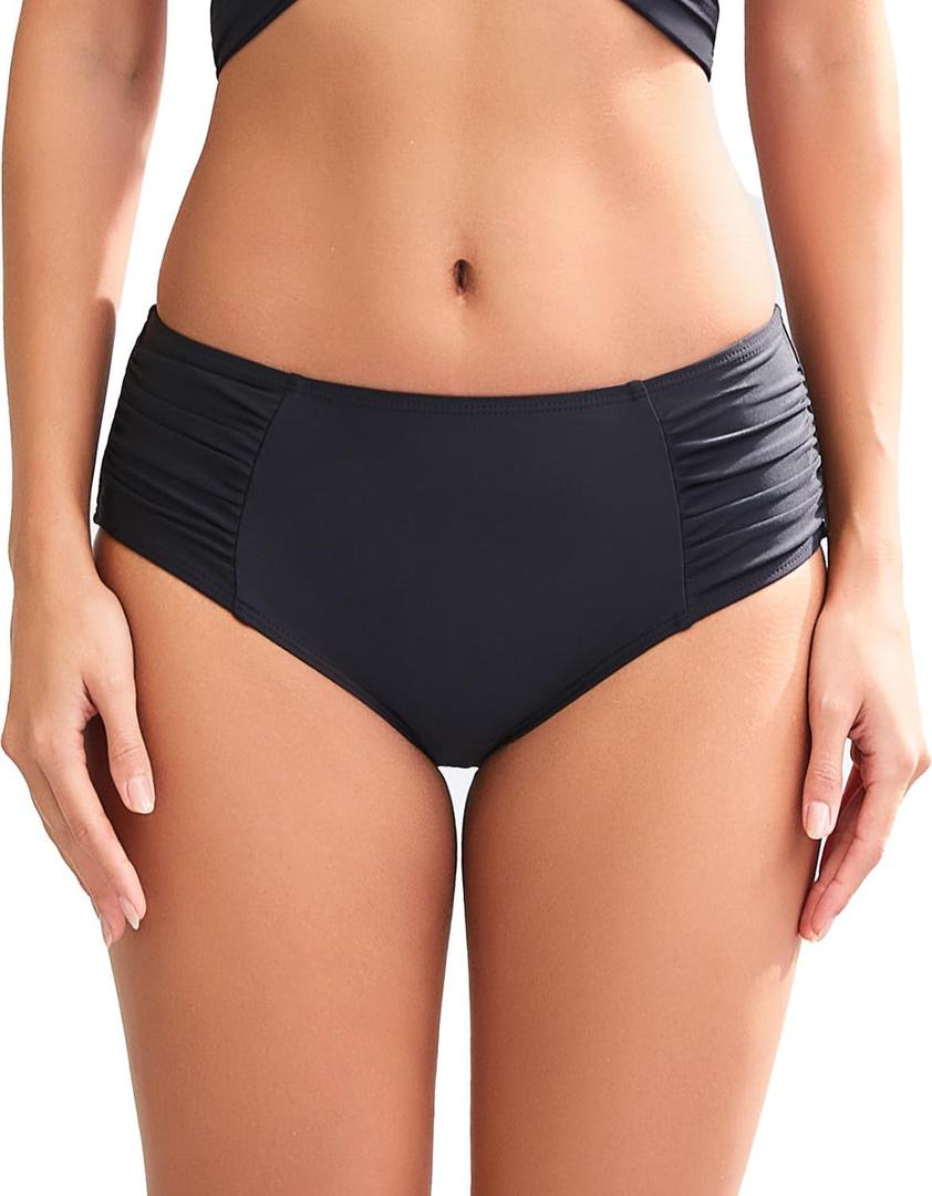 COCOPEAR Full Coverage Bikini Bottoms for Women Mid Rise Bathing Suit Bottoms for Women Ruched Tummy Control Swim Bottoms (Small, Black)