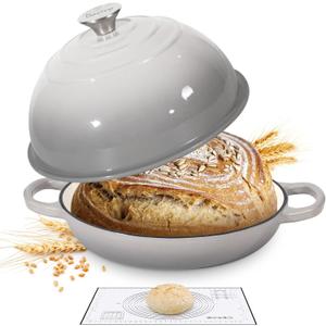 Davivy 5.5QT Cast Iron Dutch Oven with Silicone Baking Mat, 10" Round Bread Dutch Oven, Sourdough Bread Baking Pan, Enameled Cast Iron Bread Oven - Light Grey