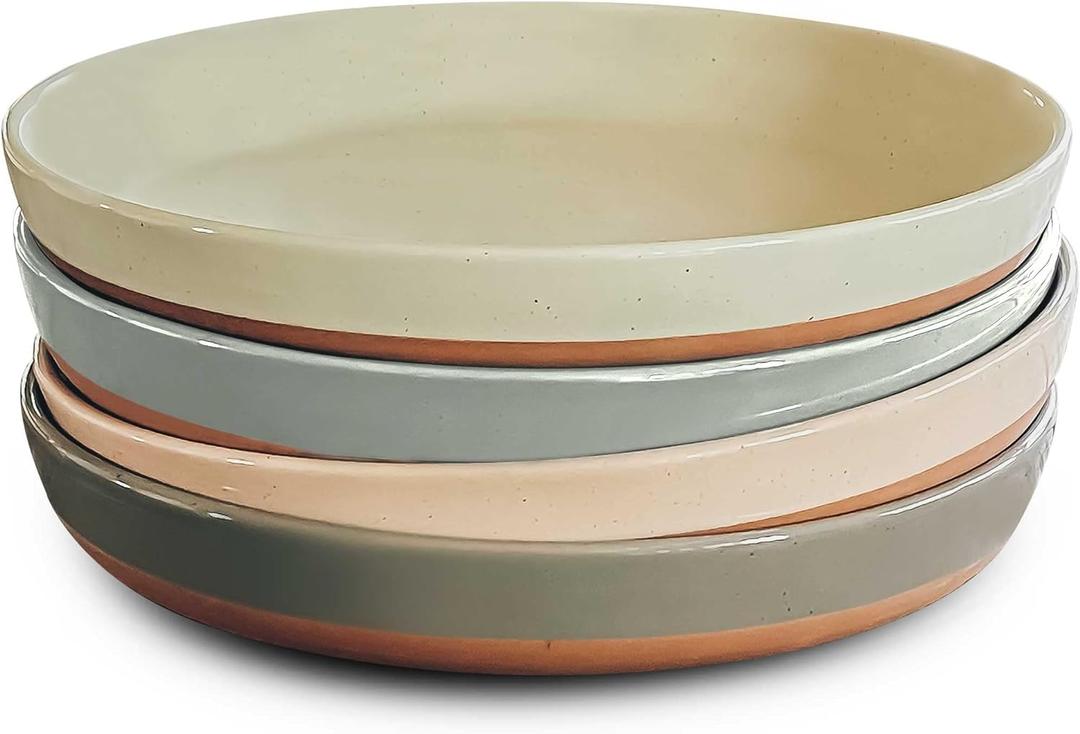 Mora Ceramic Flat Pasta Bowl Set of 4-35oz, Microwave Safe Plate with High Edge for Kitchen and Eating, Large Wide Bowls/Plates for Serving Dinner, Salad, etc- Neutrals