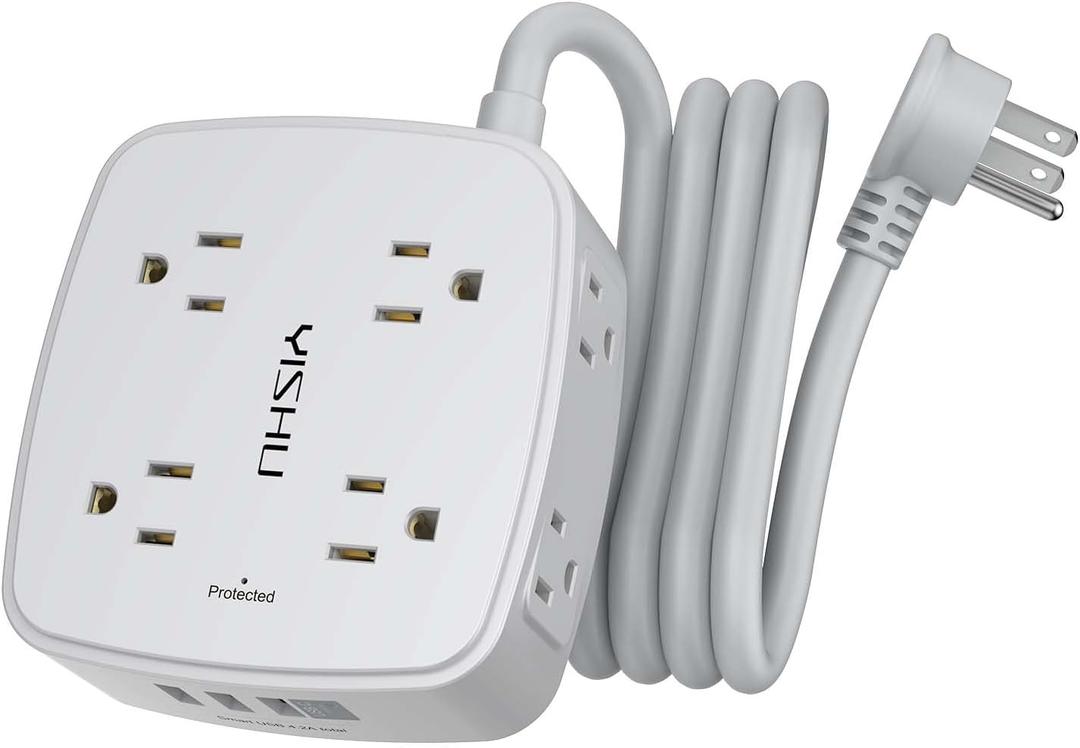 6 Ft Surge Protector Power Strip - 8 Widely Outlets with 4 USB Ports, 3 Side Outlet Extender with 6 Feet Extension Cord, Flat Plug, Wall Mount, Desk USB Charging Station, ETL, Grey