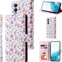 UEEBAI Wallet Case for Samsung Galaxy S23 5G, PU Leather Phone Case Kickstand RFID Blocking Flip Case Card Slots Wrist Strap Relief Engraved Pattern Magnetic Closure Flower Folio Case, Butterfly
