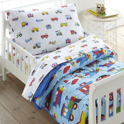 Wildkin 4-Piece Toddler Bed in a Bag – Cotton Comforter, Sheets & Pillowcase for Cozy Cuddles - Trains, Planes, and Trucks