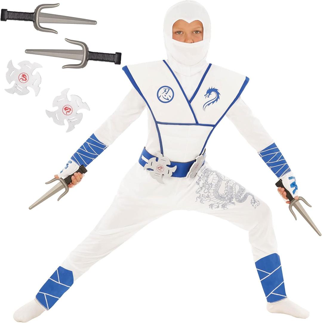 Morph Deluxe Boys Ninja Costume With Ninjas Warrior Toy Accessory, Kids Ninja Costumes, Boy Halloween Costume (Medium, White)