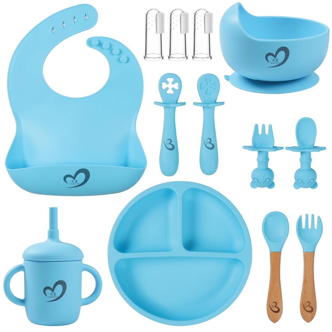 Silicone Baby Feeding Set Essentials,13 Pcs,Baby Led Weaning Supplies, Baby Spoons Suction Bowl Divided Plate Bib Cup Finger Brush,First Stage Solid Food Eating Utensils - 6 Months + (Baby Blue)