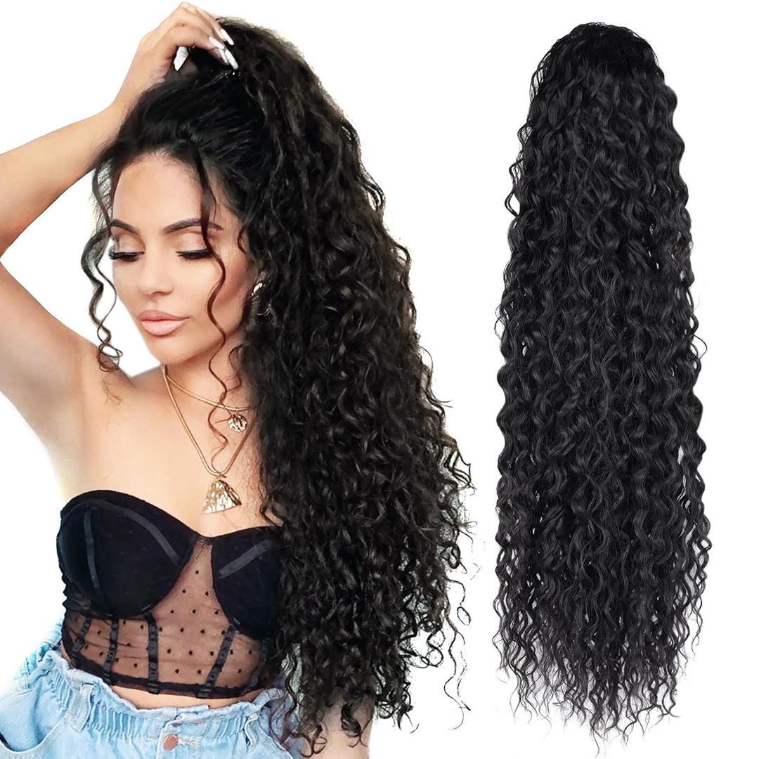 Curly Ponytail Hair Extension Black Curly Heat Resistant Synthetic Instant Clip Drawstring Ponytail Clip in Long Ponytail Hair Extensions Curly For Black Women (#1B 32 Inch 6.70 OZ)