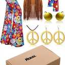 Haull 7 Pcs 60s 70s Disco Hippie Outfits for Women Halloween Costume Set Boho Flared Pants Fringe Vest Peace Sign (S)