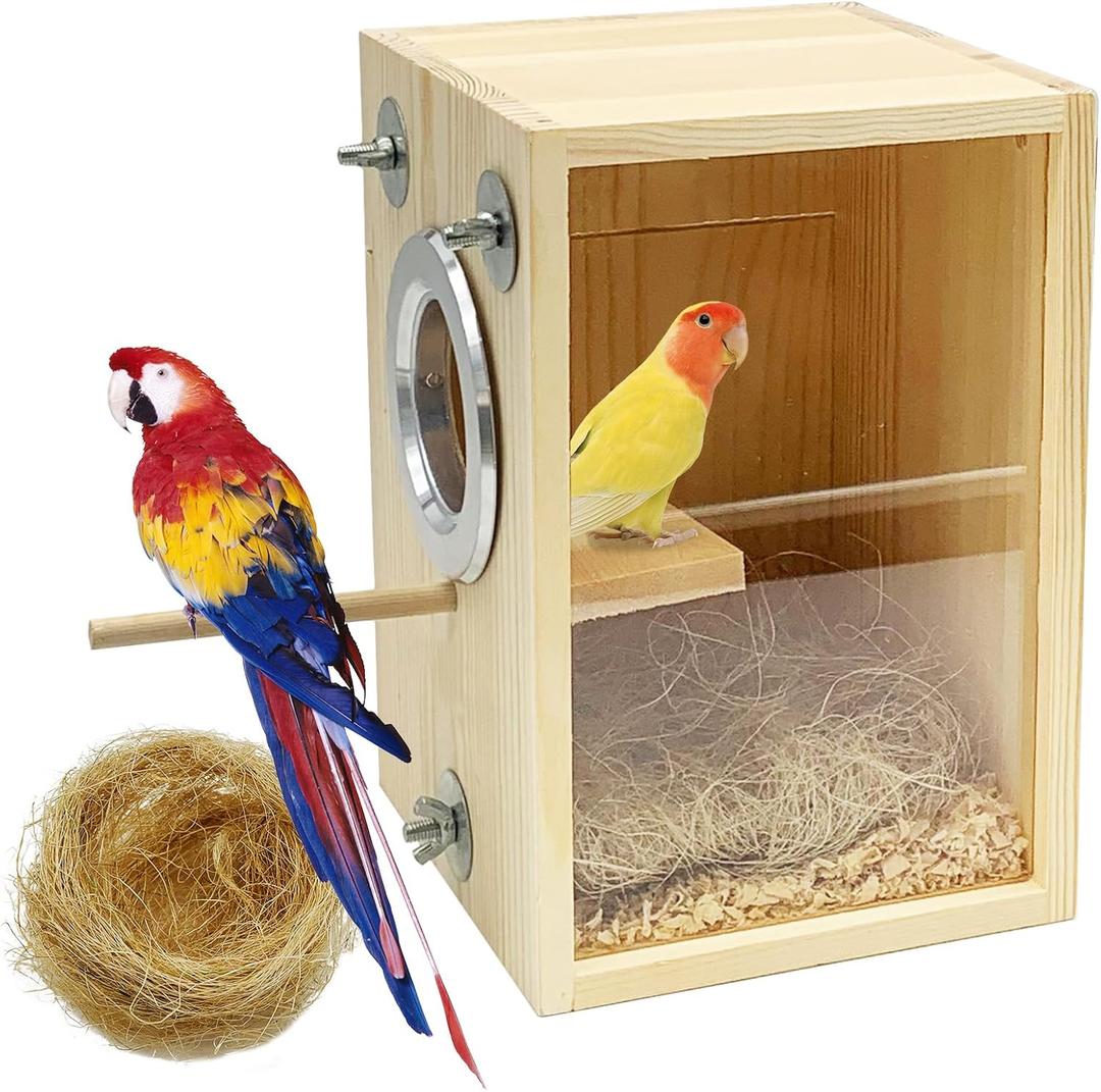 BNOSDM Parakeet Nesting Box Transparent Bird Breeding Nest Boxes Natural Wood Bird Cage House with Coconut Fiber for Small Conure Lovebirds Finch Parrot Canary (Large)