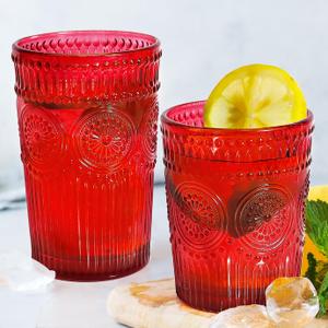 12pcs Vintage Drinking Glasses Set, 12 oz Highball Glasses & 9 oz Embossed Ribbed Glassware Cups for Cocktail, Water, Juice, Coffee, Whiskey (Christmas Red)