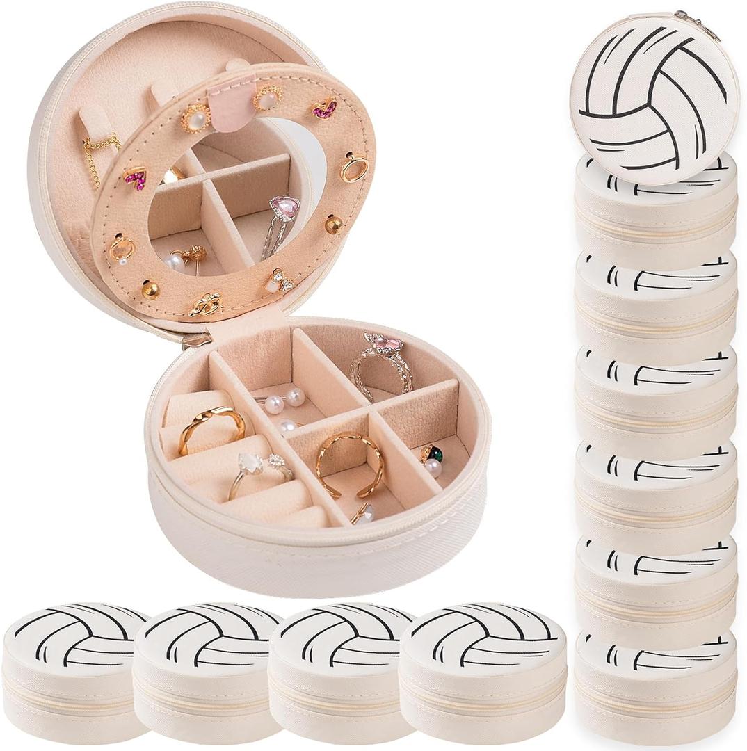 12-Pack Volleyball Travel Jewelry Case With Mirror Round Volleyball Stuff Portable Jewelry Organizer Storage Case for Team Athletes & Sports Enthusiasts Christmas Events & Milestones (Mirror)