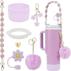 Stanley Cup Accessories Set Including Water Bottle Handle Strap, Silicone Stanley Cup Boot, Silicone Straw Cover, Stanley Charms for Stanleys Cup 40oz & 30oz Tumbler (Purple)