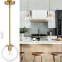 Bagood 8" Globe Pendant Light Gold Mid Century Modern Light Fixture Clear Glass Pendant Lights Kitchen Island Modern Pendant Lights Brushed Brass Finished with Clear Glass Lampshade for Bedroom