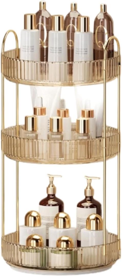 360 Rotating Makeup Organizer for Vanity - 3 Tier Perfume Organizer with Large Capacity - Skincare Organizer for Bathroom Counter - Space-Saving Cosmetic Storage for Dresser Countertop (Gold)