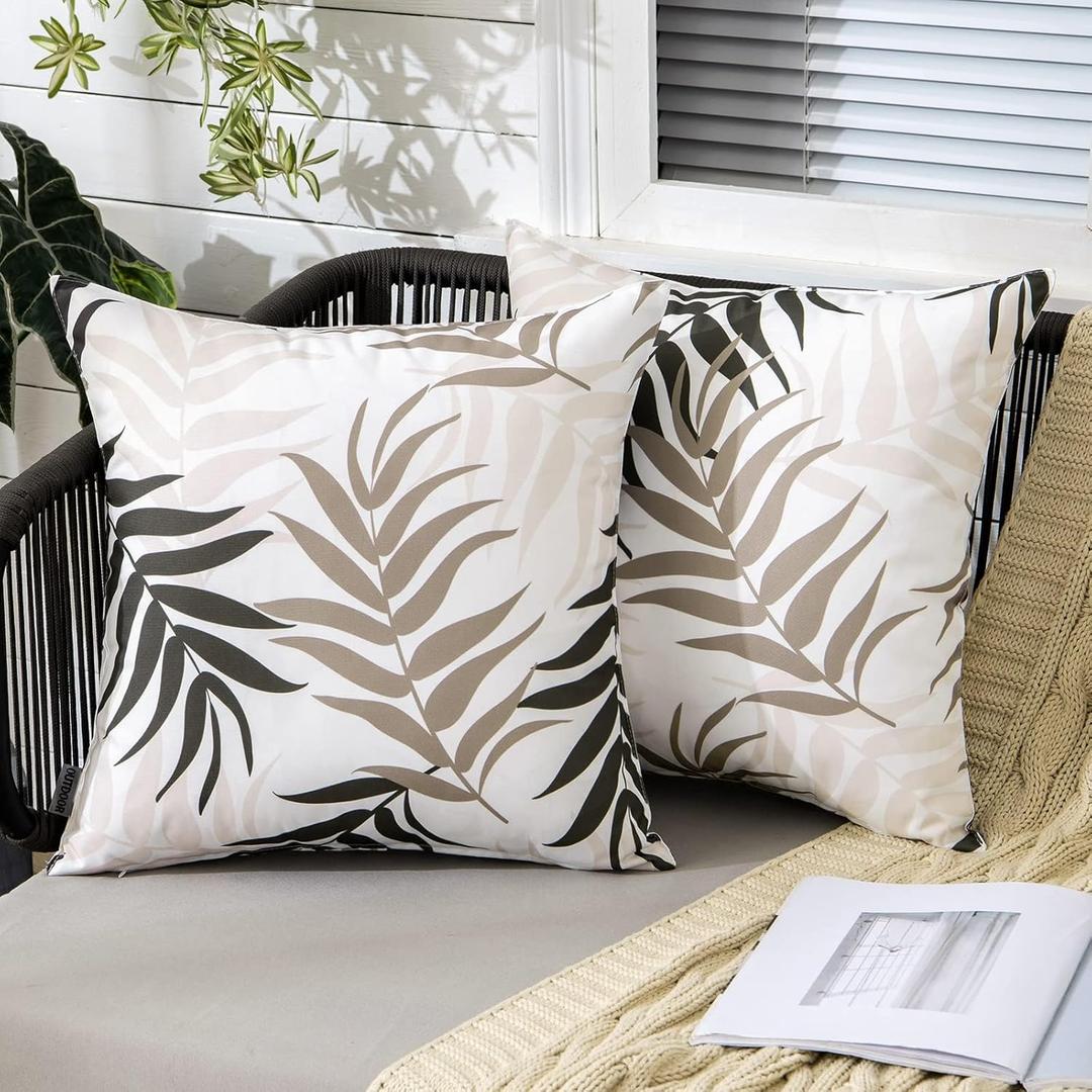 MIULEE Pack of 2 Decorative Outdoor Waterproof Throw Pillow Covers Patio Pillow Cases Natural Leaves Pattern Spring Square Cushion Shams Shell for Garden Balcony Couch 16x16 Inch, Coffee Brown