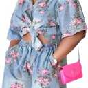 Mandonce Denim 2 Piece Set Flower Print Short Sleeve Distressed Denim Shirt Elastic Waist Shorts Sets Trendy Vacation Outfits, Size M
