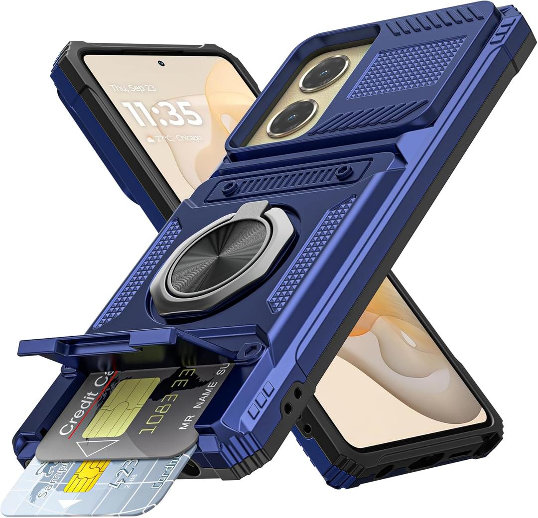 Vofolen for Motorola Moto G Stylus 5G 2024 Case with Card Holder [Store 2 Cards] + 360 Magnetic Rotated Ring Kickstand Dual Layer Heavy Duty Protective Wallet Phone Case for Women Men, Blue