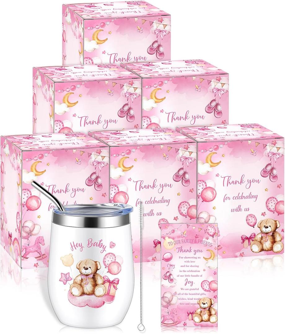 Hoolerry 6 Set Baby Shower Game Prizes 12 oz Insulated Stainless Steel Tumbler Cup with Lids, Straws, Cleaning Brush, Cards & Gift Boxes Return Gifts for Guests(Pink,Pink Bear)
