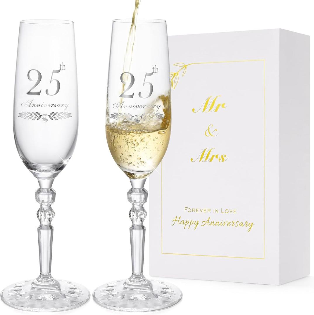 25th Anniversary Decorations Gifts for Couple, Classical Style 25th Wedding Anniversary Champagne Flutes Glasses, Crystal Champagne Glasses Set of 2, Gifts for husband, wife, Couple (Silver)