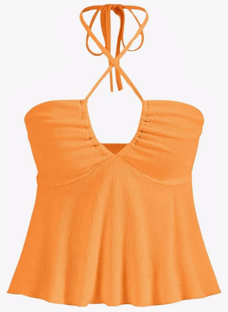 Women Sexy Floral Self Tie Crisscross Halter V Neck Sleeveless Strapless Backless Ruched Ruffle Solid Tube Tank Top Size XL