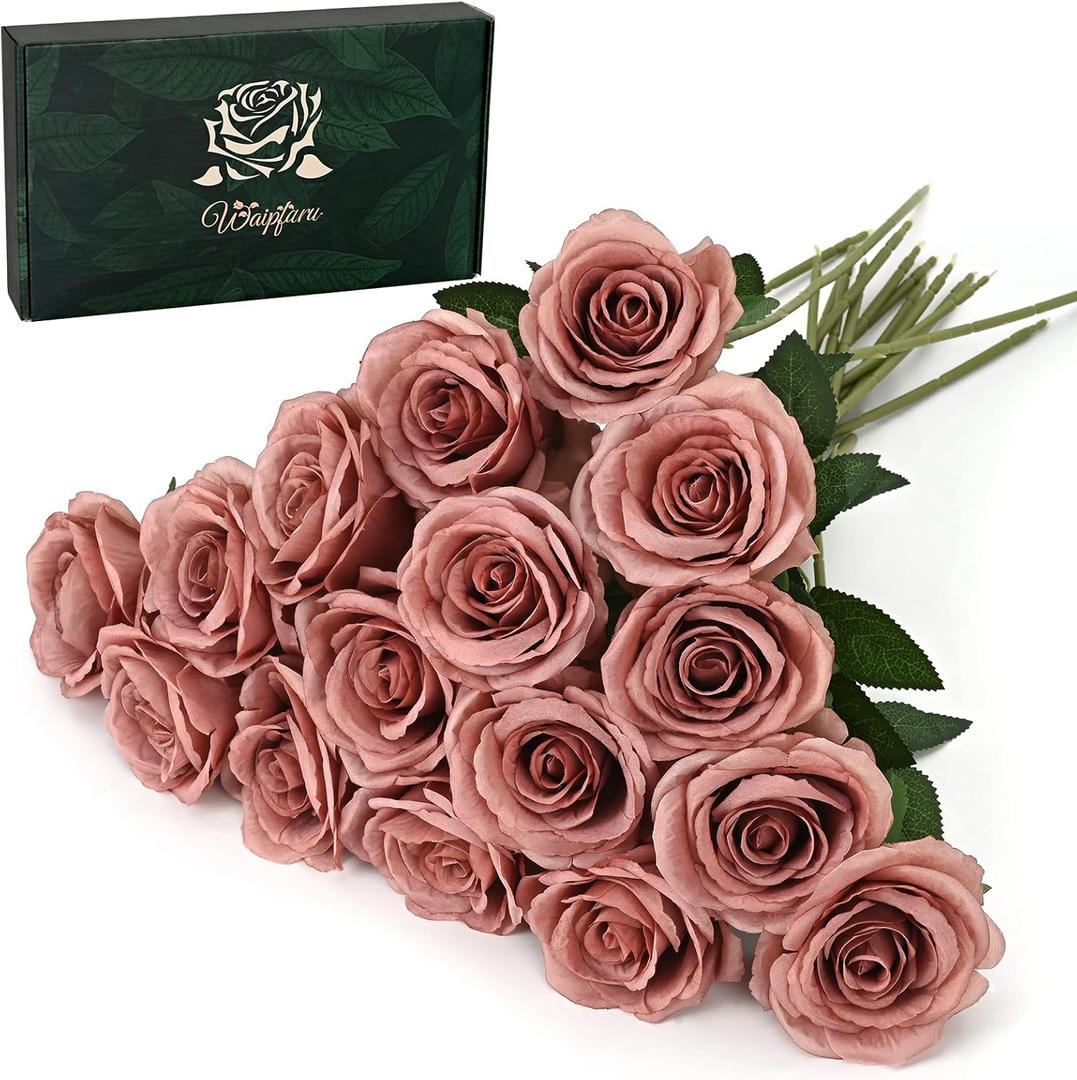 Waipfaru 16 Pcs Artificial Flowers Fake Silk Dusty Roses, Faux Real Touch Roses Bouquet with Long Stem for Wedding Party Home Decor (Dusty Rose)