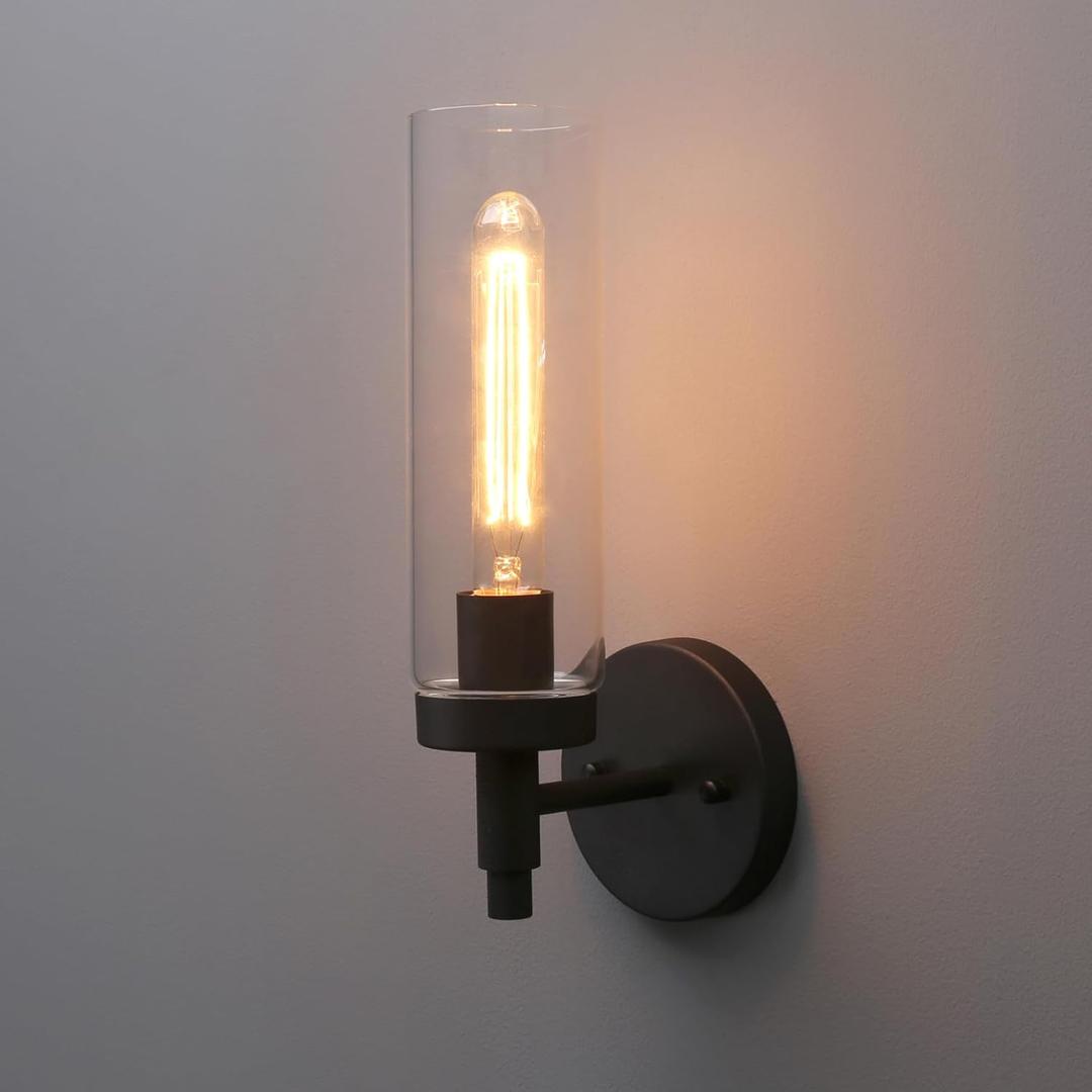 Phansthy Black Rustic Industrial Wall Sconce Light with Tubular Clear Glass Lampshade for Bedroom, Living Room, Dining Room, Kitchen (Single Sconce)