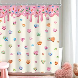 Valentine's Day Shower Curtain 60Wx72L Inch Pink Sweet Candy Love Heart Cute Romantic Honey Lover Holiday Funny Bathroom Set Girly Anniversary Bath Curtain Bathtub Accessories Home Decor