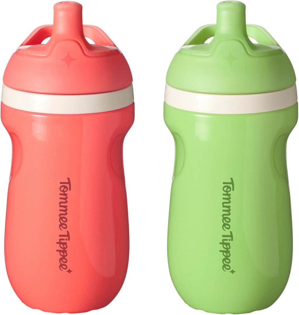 Tommee Tippee Insulated 9oz Sporty Spout Toddler Water Bottle, No Spill, Sippy Cups for Toddlers 1-3, Two-Piece Valve Helps Stop Spills, Green & Red, BPA Free, Pack of 2