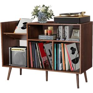 Large Record Player Stand, Vinyl Record Player Stand with Storage, Turntable Stand with Record Storage, with Wood Legs, Holds Up to 350 Albums for Living Room, Bedroom, Office, etc (Walnut Brown)