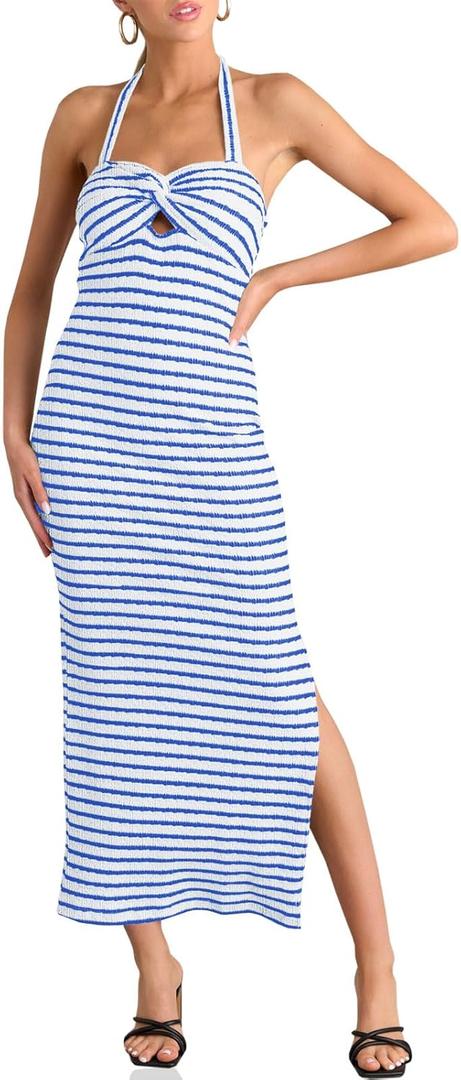 Wenrine Womens Summer Striped Halter Neck Dress Sexy Twist Front Cut Out High Split Casual Sleeveless Maxi Dress (Medium, Sky Blue)