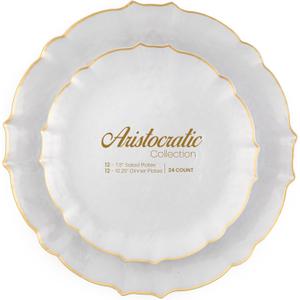 PLASTICPRO 24 Piece Aristocratic Combo Plastic Dinner Plates Disposable Plastic Fancy Heavy Duty Party Dishes 12, 7'' inch and 12, 10'' inch, Pearl White With Gold Rim