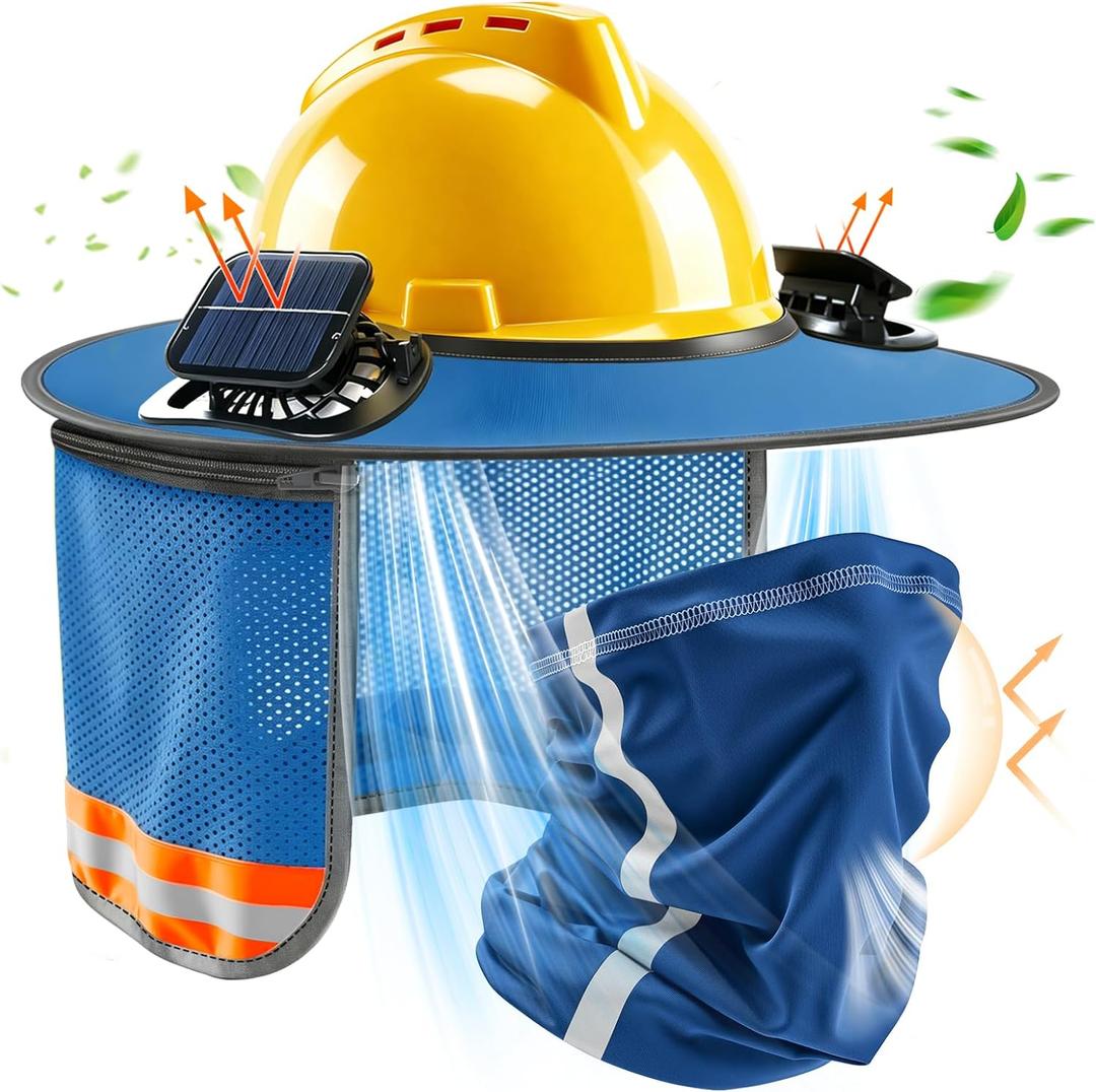 Hard Hat Sun Shade, Hard Hat Visor Full Brim with Solar Fan, High Visibility Mesh Hardhat Sun Shield with Neck Gaiter, Reflective Strip for Construction Workers Outdoor Summer Protection (Blue)