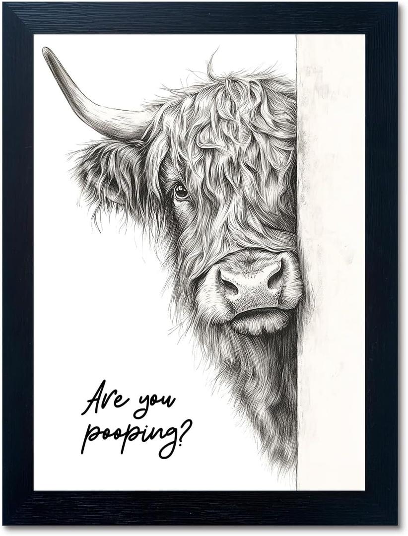 Funny Highland Cow Bathroom Wall Art - Rustic Farmhouse Wall Decor with Humorous Are You Pooping Canvas Print, Cute Animal Canvas Art for Restroom - Black Framed Cow Pictures Wall Decor Ready to Hang 8"x10"