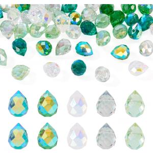 50Pcs Green Faceted Glass Teardrop Beads Electroplate Transparent Crystal Teardrop Charm Beads Top Drilled Drop Spacer Bead Water Drop Chandelier Charms for Earring Necklace Jewelry Making