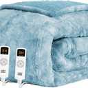 EHEYCIGA Electric Heated Blanket Throw Faux Fur, 10 Hours Auto Shut Off 9 Heating Levels Heating Blanket Throw, Soft Warm Heated Blanket Fast Heating Light Blue, Faux Fur & Sherpa