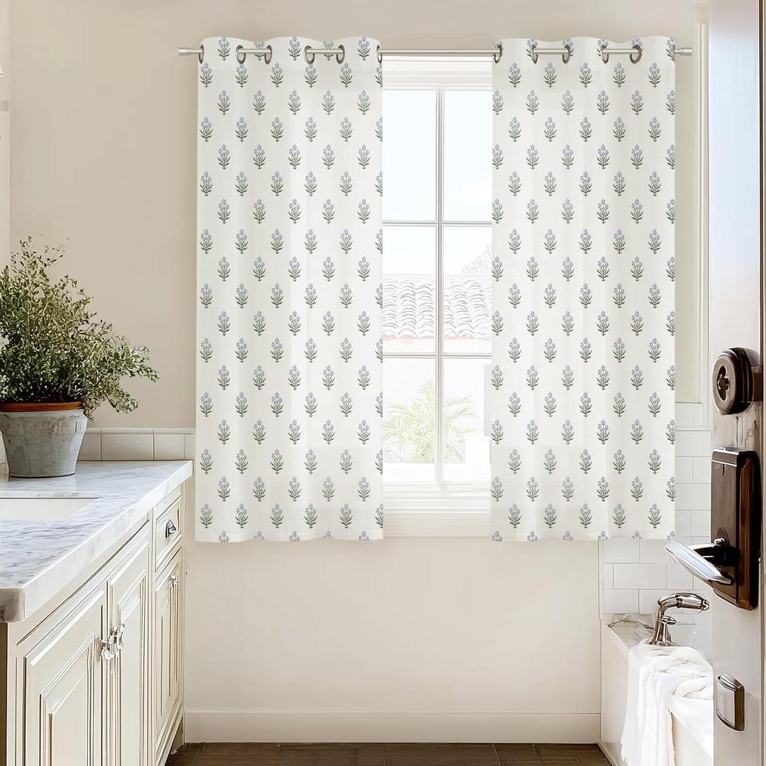 Lino Rosa Short Floral Patterned Curtains for Bathroom Window, 45 Inch Length Light Filtering Linen Sheer Panel for Bedroom, Blue and Green (36"W x 45"L (Pack of 2))