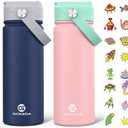 GoKEDA 18oz Kids Water Bottle, 2 Pack Insulated Bottles with Stickers, 18/8 Stainless Steel Vacuum Leak Proof Straw Cup for School, Gifts for Boys(Dark Blue, Pink)