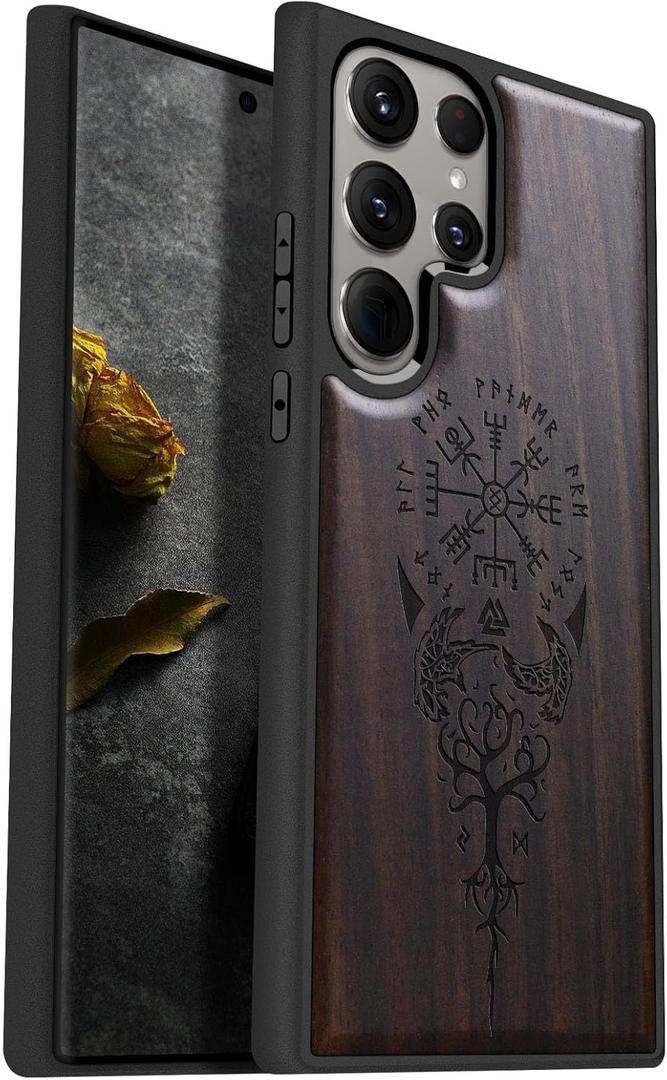 Carveit Wood Case for Galaxy S24 Ultra Case [Natural Wood & Black Soft TPU] Shockproof Protective Cover Unique Wooden Design Compatible with Samsung S24 Ultra (Viking Compass-Blackwood)