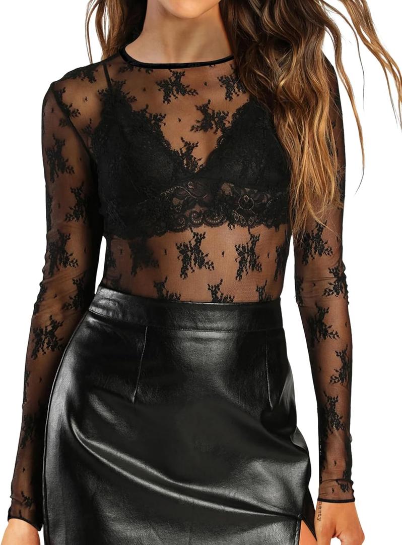 AKEWEI Womens Mesh Long Sleeve Tops Crew Neck Sexy See Through Tee Shirts Party Club Night Lace Blouse (Medium, Black)