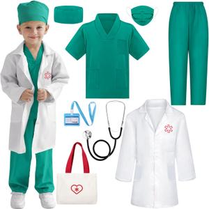 Doctor Costume for Kids 3 4 5, Toddler Medical Dress up Clothes with Real Stethoscope & Carry Bag (Green)