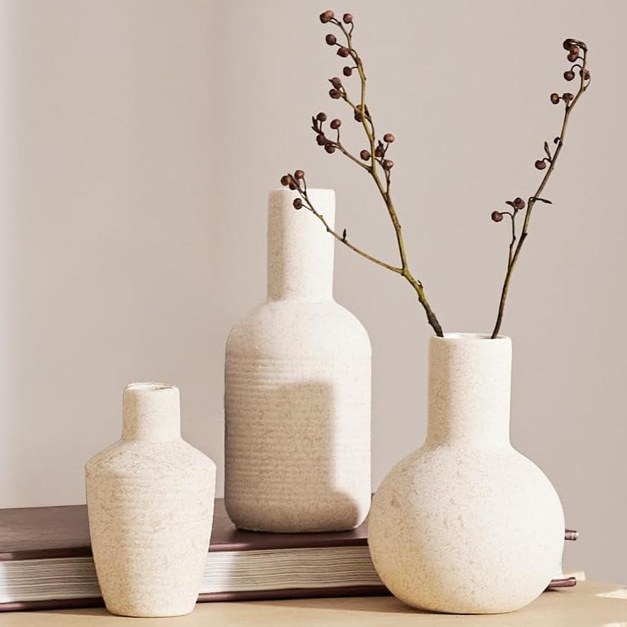 DN DECONATION Ceramic Vase Set of 3, Small Vases Home Decor Boho Rustic Farmhouse for Pampas Grass & Dried Fresh Flowers, Modern Decorative Vases for Living Room, Bedroom, Entryway, Shelf, Table Decor (Beige)