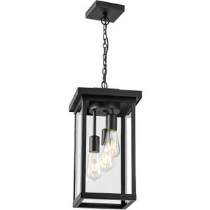 LOUSACE Large Outdoor Pendant Light Fixtures 3 Lights Black Outdoor Chandelier Ceiling Hanging Exterior Porch Light Fixtures, Exterior Hanging Lantern Light for Porch Entryway Balcony