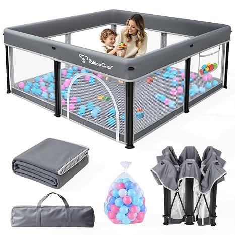 TOREVSIOR Foldable Baby Playpen with Mat, 50"×50" Collapsible Play Pen for Babies and Toddlers, Indoor & Outdoor Kids Safety Play Pen, Portable Play Yard, Foldable Baby Playpen with 50 Ocean Balls