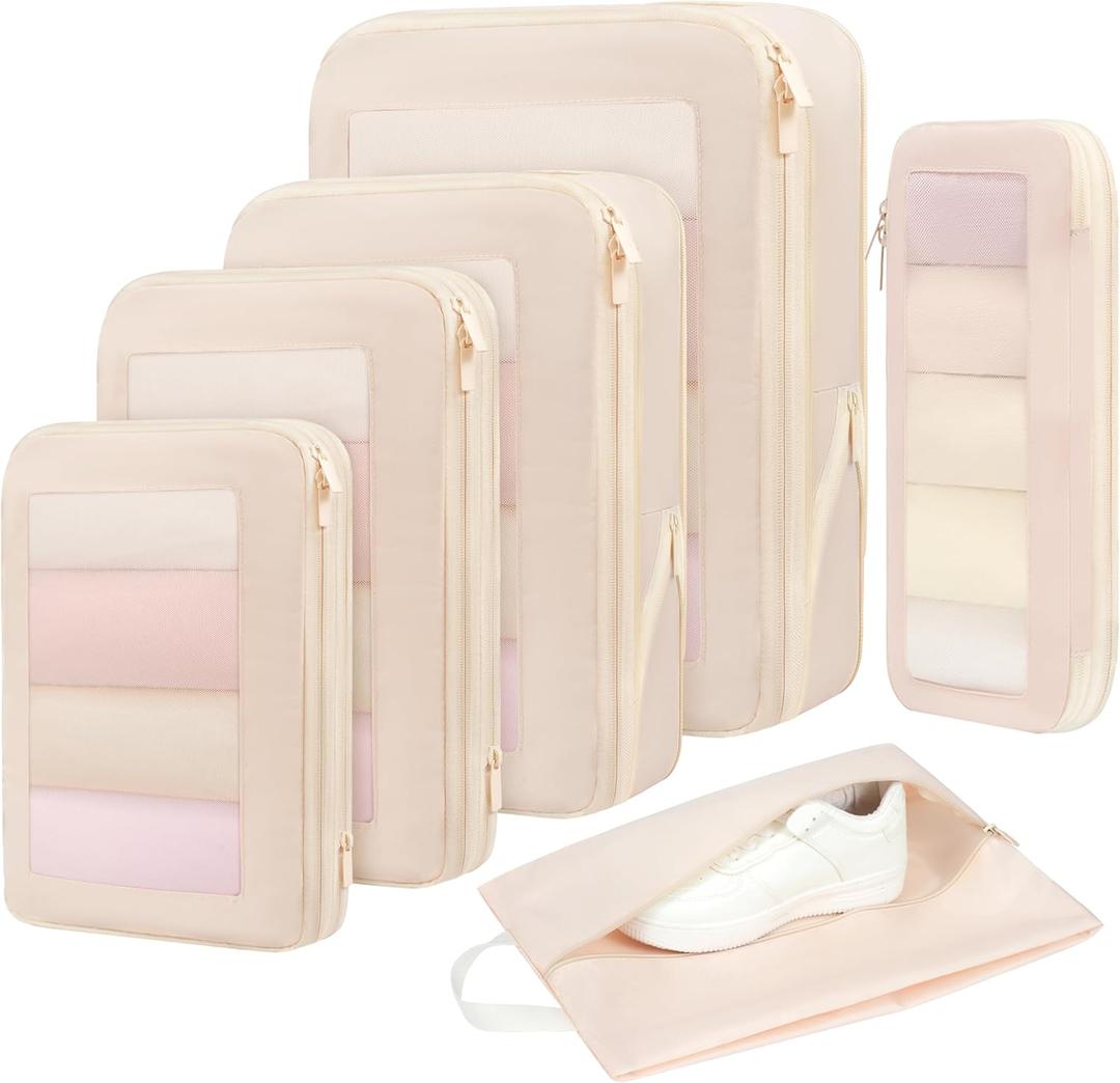 BAGAIL 4 Set Compression Packing Cubes Travel Accessories Expandable Packing Organizers (Square Mesh, 05-Cream)
