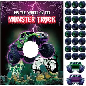Faccito Monster Truck Birthday Games Pin The Wheel on The Monster Truck Green and Purple Trucks Poster with Stickers Blindfolds for Birthday Decorations Cars Party Games Activities Supplies