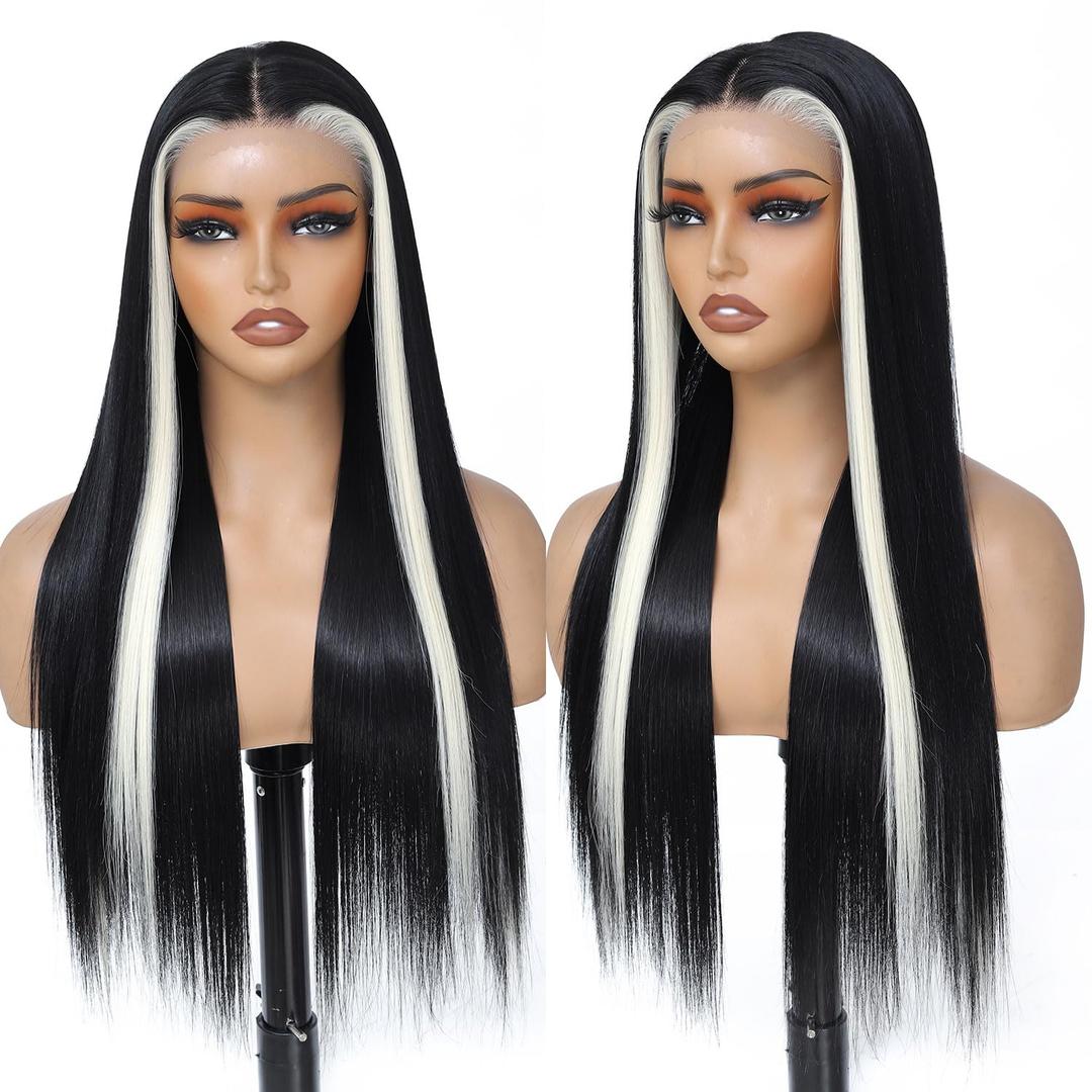 Glueless 7x5 Lace Front Wig for Women Skunk Stripe Wig Synthetic Lace Wig Pre Plucked HD Lace Straight Wig Ready to Wear Long Straight Black and Blonde Wig 26inch