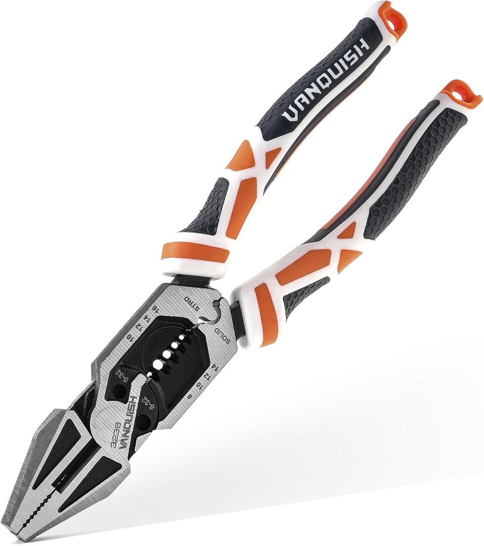 VANQUISH 8-in-1 Linesman Pliers, 8 Multipurpose Combination Pliers Wire Cutter/Crimper/Stripper, CRV Steel Hand Tool, Heavy Duty Side-Cutting Pliers for Crimping, Stripping, Shearing, Screwing, 3238