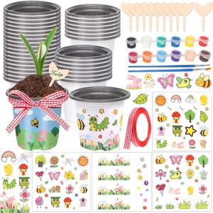 Garden Plastic Pot Craft Kit 32 Nursery Pots with 32 Stickers 32 Plant Labels 4 Painting Tools and 1 Ribbon for Mother's Day Flower Plant Spring Graduation DIY Crafts Painting Gardening Growing Tools