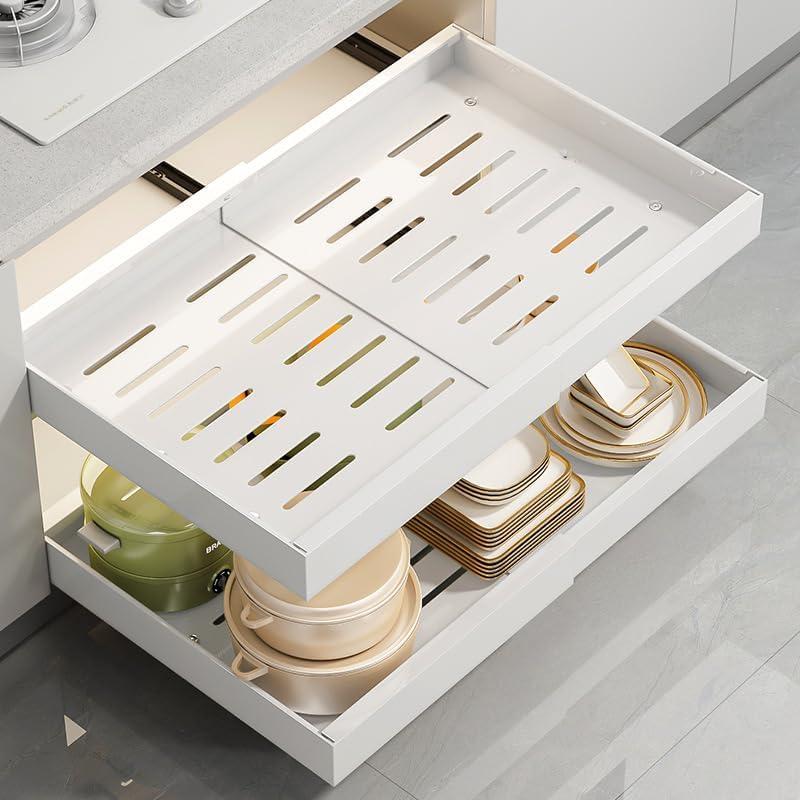 Pull Out Drawers for Cabinets, 2 Packs Expandable(12.6''-20.5'') Slide Out Shelves for Kitchen Cabinets, Pullout Cabinet Organizer with Adhesive Nano Film and Screws for Kitchen Cabinet Organization