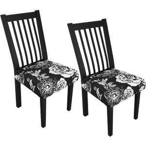 Stretch Dining Chair Seat Covers Set of 2,Dining Chair Slipcovers, Floral Printed Chair Covers,Soft Fabric Washable Upholstered Chair Seat Protector, No Rear Covers for Home Kitchen Dining Room (Black Base White Rose)